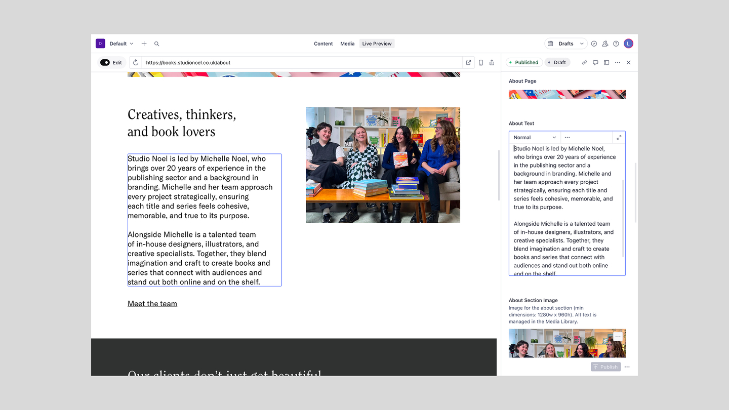 Screenshot of the Sanity CMS with the visual editor being used, the live site is embedded and a blue outline is around some text showing it is selected, on the right sidebar is the text area.